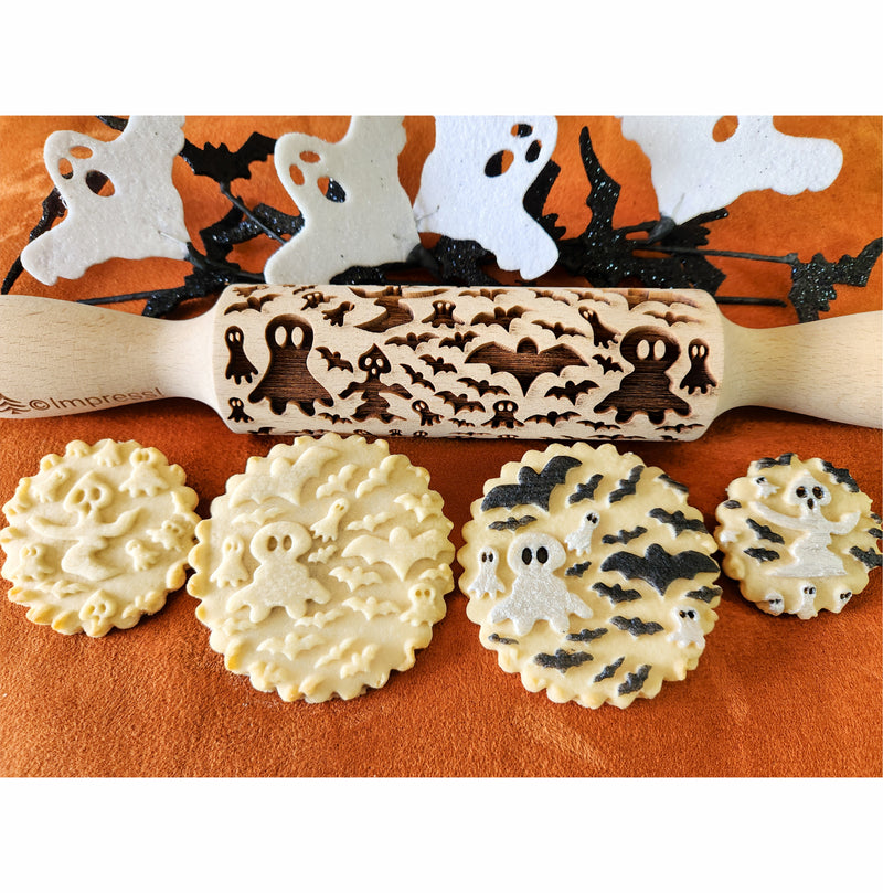 Spooky Skies! Ghosts & Bats Embossed Rolling Pin Impress! Bakeware